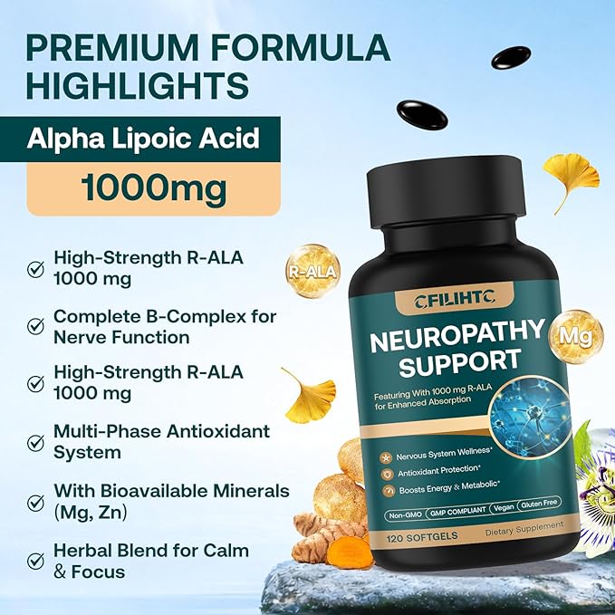 Neuropathy Support Nerve Supplement – Advanced R-Alpha Lipoic Acid Supplement with Benfotiamine NAC &amp B-Complex for Nerve Health Antioxidant &amp Cellular Energy - Vegan 120 Softgels