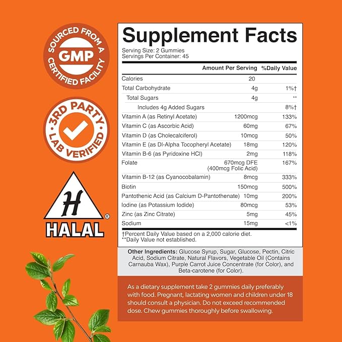 Multivitamin Gummies for Adults - Halal Multivitamin Gummy with B12 Biotin - Gelatin-Free Gummy Multivitamins for Men &amp Women - Vitamin Gummies with Zinc &amp Vitamin D - Non-GMO Gluten-Free - 90