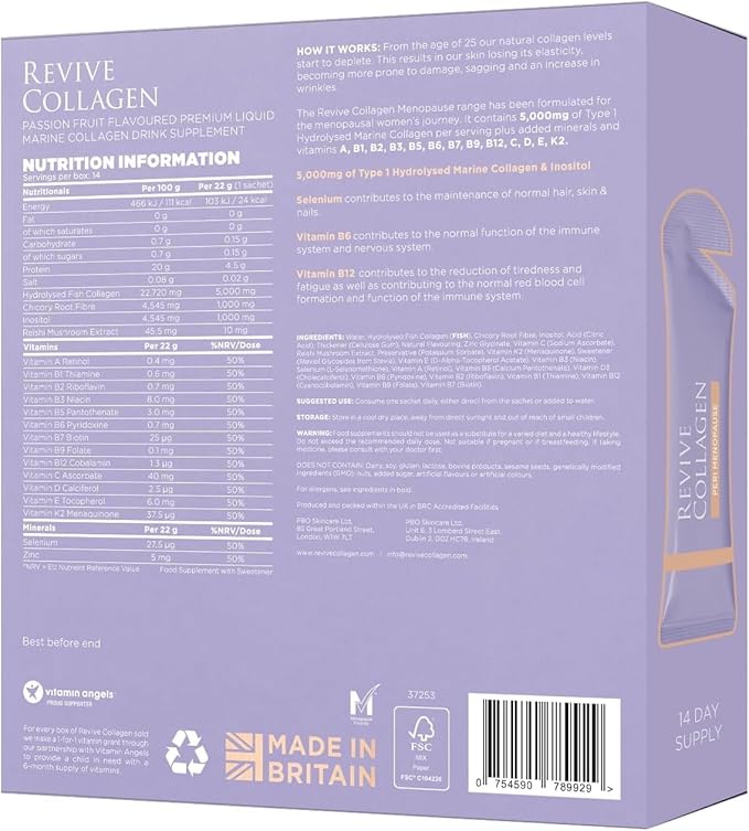 Revive Collagen Perimenopause — Hydrolyzed Marine Collagen Drink for Women 5000MG Inositol Selenium Vitamin B6-B12 C &amp D Supports Skin Wellness &amp Daily Energy Passionfruit Flavour — 14