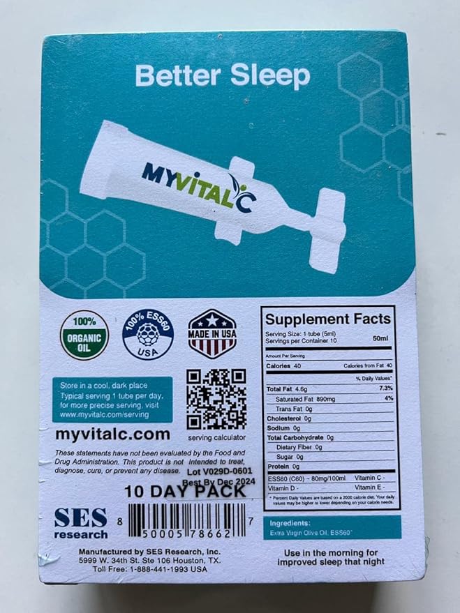 MyVitalC Better Sleep Supplement Shots - Pure ESS60 Organic Extra Virgin Olive Oil - 50 ML Pack of 2