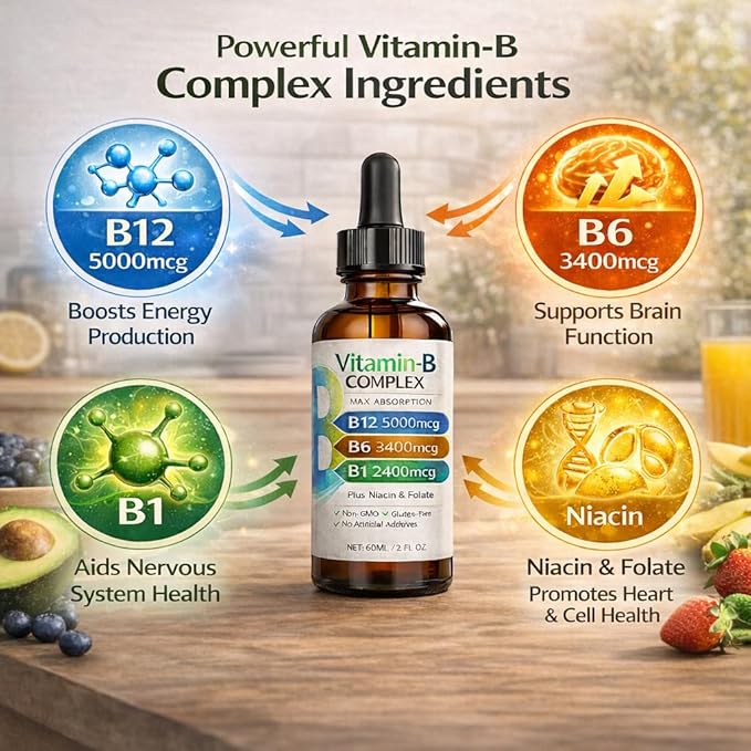 Vitamin B12 Complex Liquid Drops Sublingual B Complex with B12 B6 B1 Niacin &amp Folic Acid for Metabolic Health &amp Energy Support Vegan | Non-GMO | Gluten Free 60ml/2 fl oz 60 Servings (2p