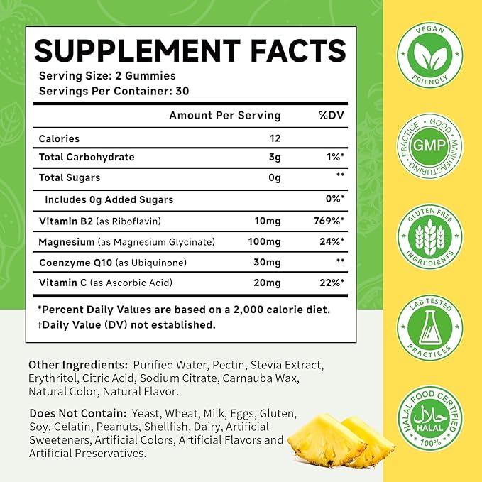 Vitamin B2 Gummies Riboflavin Supplement for Kids &amp Adults with Magnesium Glycinate CoQ10 and Vitamina C for Women and Men Energy Immune Wellness &amp Cellular Health Support 120 Count