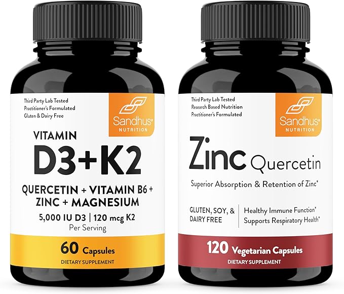 Sandhu's Vitamin D3 K2 Bundle with Zinc Quercetin Capsules | Supports Immune Energy Skin Teeth &amp Muscle Health