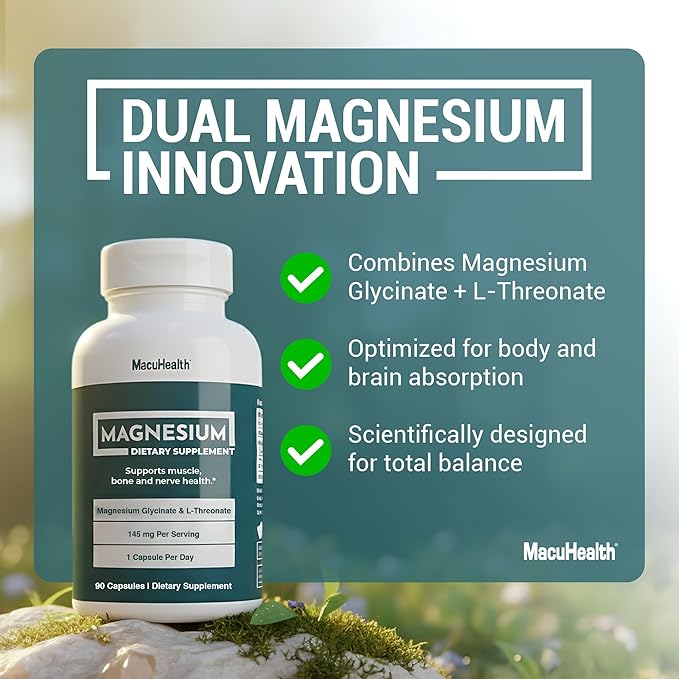 MacuHealth Magnesium Glycinate &amp L-Threonate 145mg - 90 Capsules - Highly Absorbable Magnesium for Energy Calm &amp Focus - Gentle on Stomach Vegan Non-GMO - Premium Chelated Magnesium Supplem