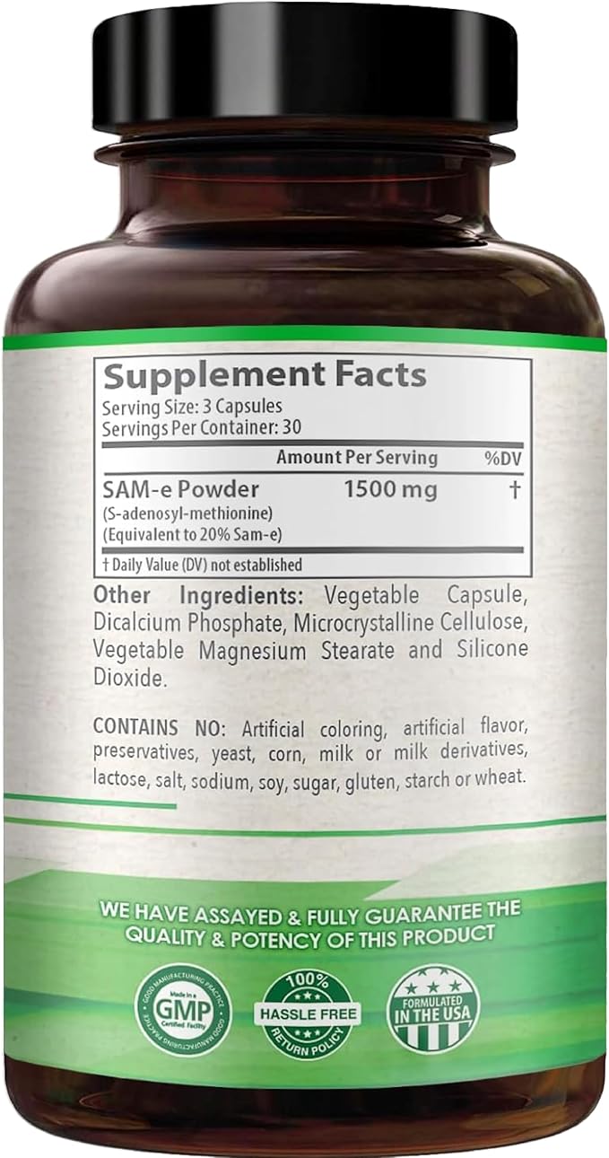 1500mg SAM-e Supplement - High Strength S-Adenosyl-L-Methionine Capsules 1500mg per Serving for Joint Brain Liver and Mood Support - Non-GMO High Absorption Same Supplement (90 Count)