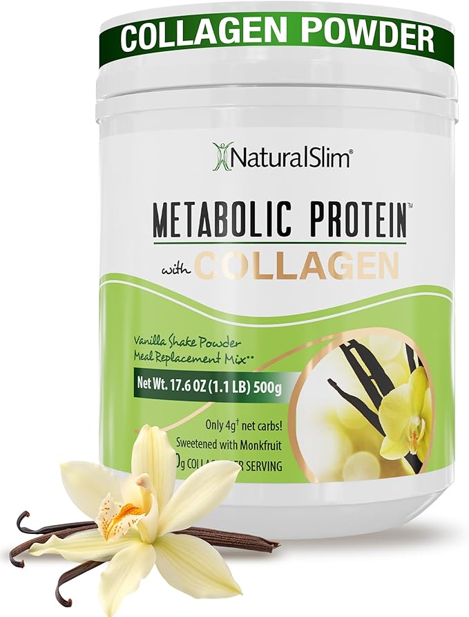 NaturalSlim Metabolic Protein Powder with Collagen whey protein powder shake Hydrolyzed Collagen with L-Glutamine for Metabolic Support Digestion Skin Joints &amp Muscle Low Carb 17.06 oz Vanil