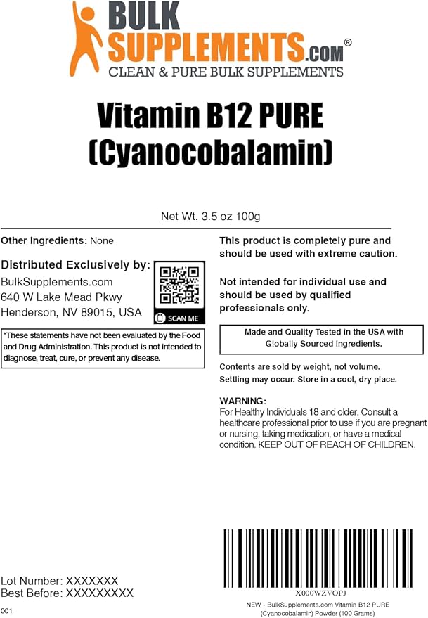 BulkSupplements.com Pure Vitamin B12 Powder - Cyanocobalamin Vitamin B12 Supplement - Vegan &amp Gluten Free Multiple Servings 100g (3.5 oz) (Pack of 1)