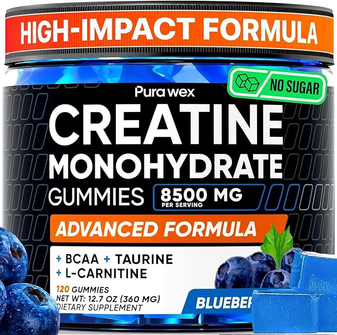 Creatine Monohydrate Gummies 8500mg Complex for Men &amp Women - Pre Workout Creatine Chews for Muscle Growth Strength &amp Energy Sugar Free Vegan Blueberry Flavor - 120 Count