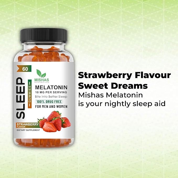 Mishas Nutraceuticals Melatonin Sleep Support Gummies for Adults 10 mg Melatonin Supplement 60 Strawberry Flavor Gummies Provides Up to 30 Days of Restful Sleep