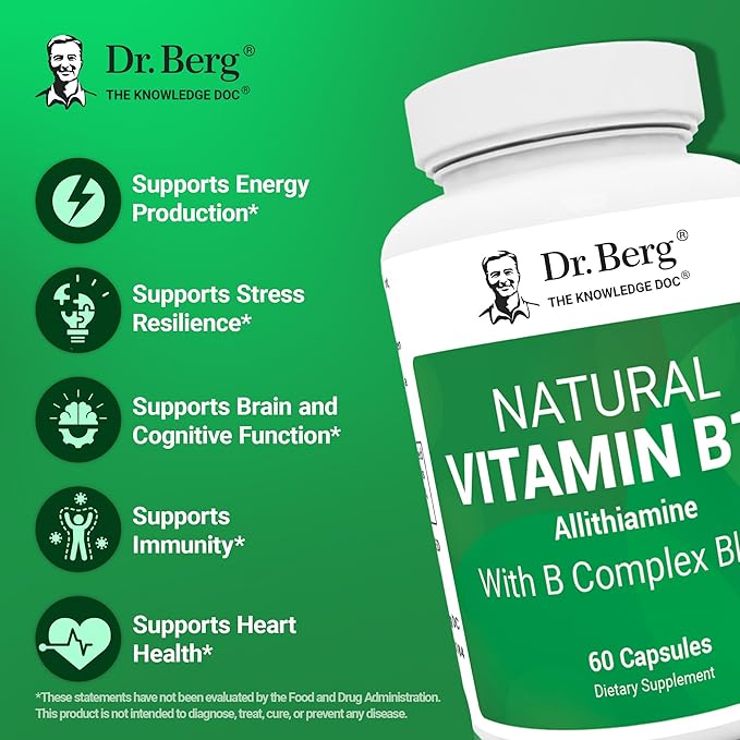 Dr. Berg Natural Vitamin B1 B6 B12 Complex - Allithiamine Vitamin B1 Supplement with 8 Essential Vitamin B Complex for Men &amp Women Including Thiamin Niacin Folate Magnesium &amp More - 60 Caps