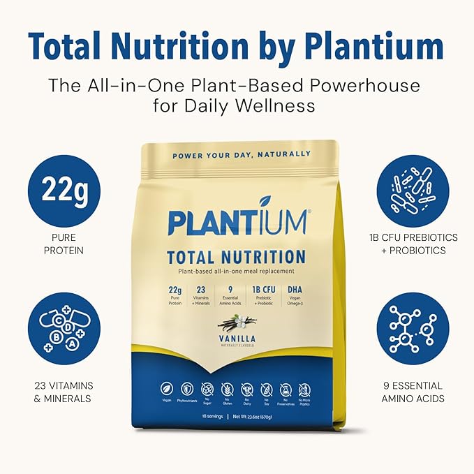 Plantium Total Nutrition Premium All-in-One Meal Replacement Shake Plant-Based Protein Powder with Vitamins Minerals &amp Probiotics 22g Protein per Serving Vanilla