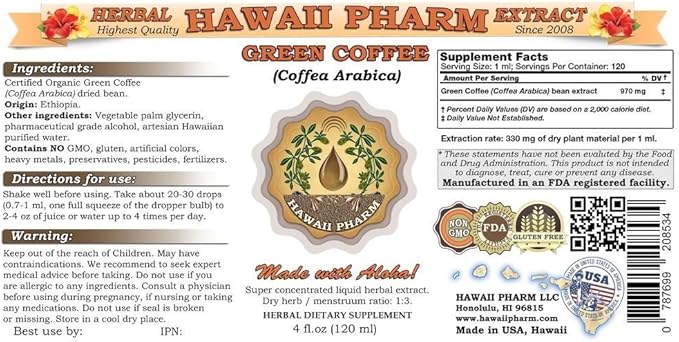 Hawaii Pharm Green Coffee Liquid Extract Green Coffee (Coffea Arabica) Bean Powder Tincture Supplement 2x2 oz