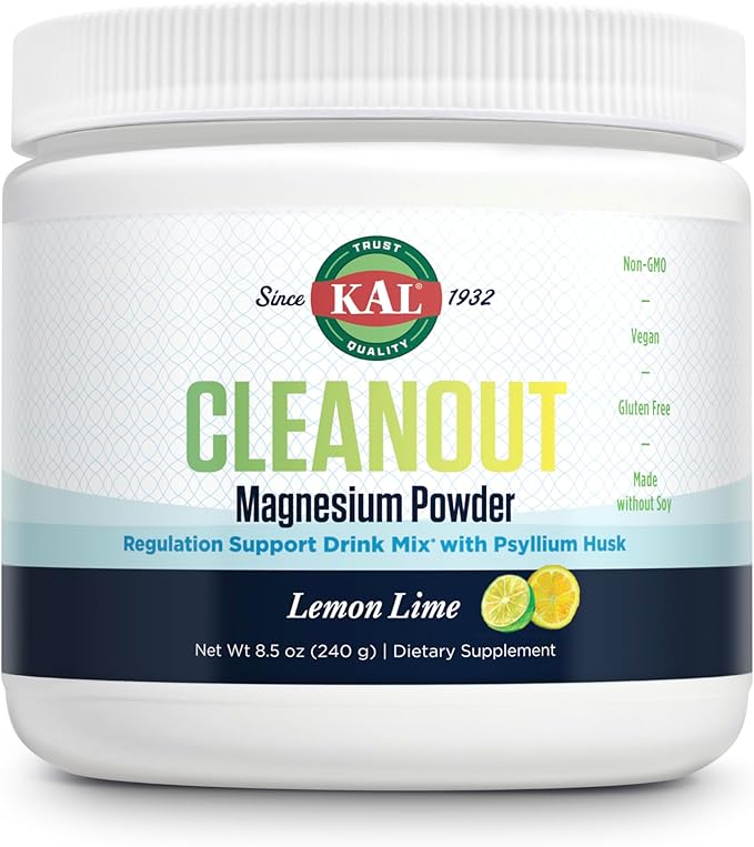 KAL Cleanout Magnesium Plus Psyllium Husk Powder - Lemon Lime - Magnesium Oxide with Fiber Supplement - Regulation Support Drink Mix - No Sugar - 60-Day Guarantee 40 Servings 8.5 OZ