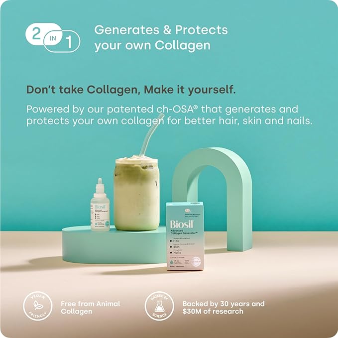 Biosil Collagen Booster Supplement - 0.5 fl oz Drops - Patented ch-OSA Activator for Skin Hair Nails &amp Joints - Supports Natural Production - 30-Day Supply