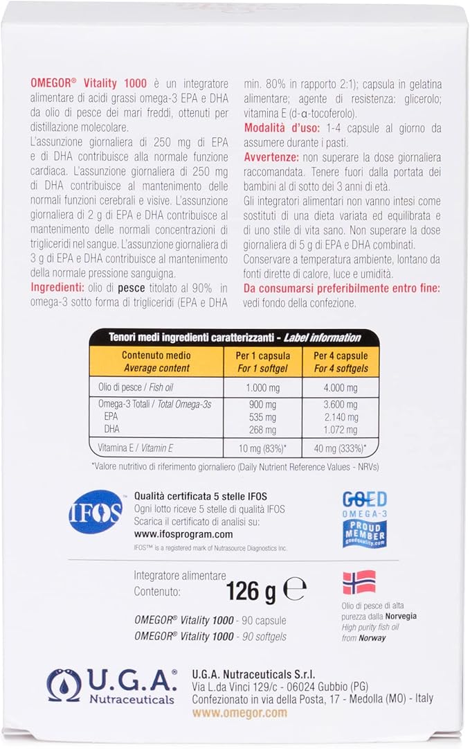 OMEGOR Omega 3 Fish Oil Supplement IFOS Certified Vitality 1000 with 800mg EPA and DHA per Capsule - No Fishy Aftertaste Non-GMO (60 Softgels)