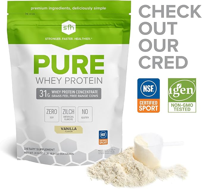 SFH Pure Whey Protein Powder (Vanilla) Best Tastin Grass Fed Whey | All Natural | Non-GMO No Artificials Soy Free Gluten Free | (Vanilla 31.9 Ounce (Pack of 1)
