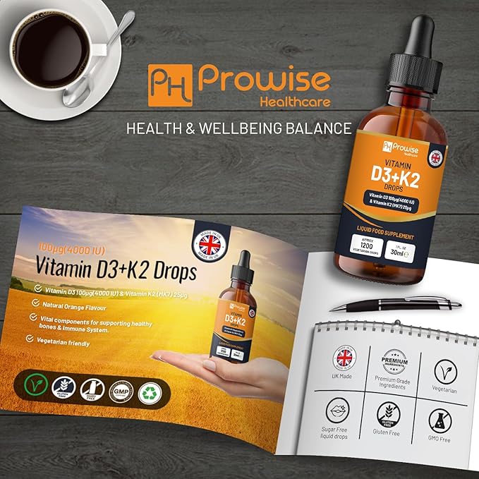 Vitamin D3 4000iu + K2 MK7 25µg I Orange Liquid Drops I High Strength 4000iu D3 + 25µg K2-30ml Bottle I Fast Absorption I 1200 Vegetarian Drops - Made in UK by Prowise Healthcare