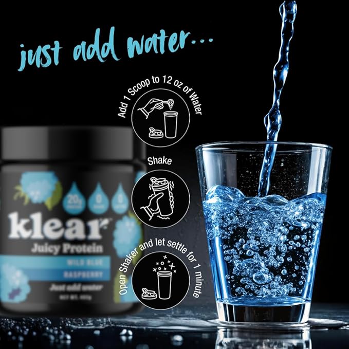 Klear - Clear Protein Powder Wild Blue Raspberry Lactose-Free Protein Powder 20g Protein Whey Isolate 0 Sugar 16 Servings Keto-Friendly Protein Isolate Mix Water Shake for Clear Protein Drink