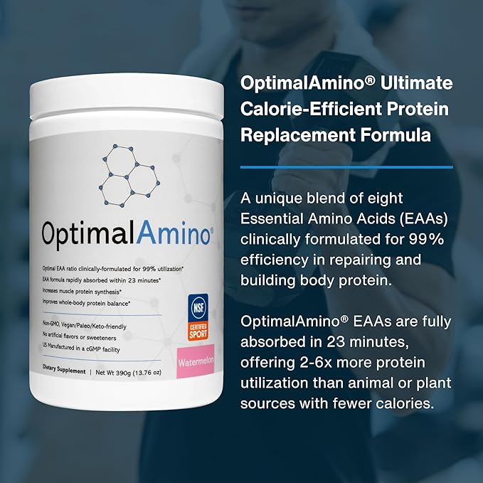 OptimalAmino Amino Acid Powder | 99% Utilized Essential Amino Acid (EAA) Supplement | Pre/Post Workout &amp Muscle Recovery | NSF for Sport Certified | Watermelon Flavor