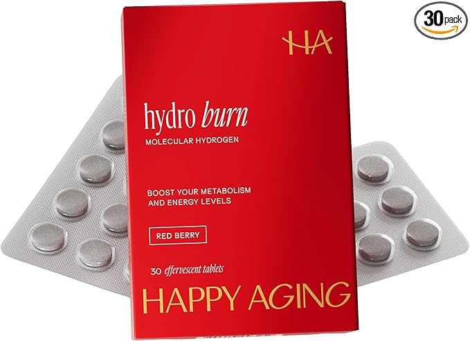 Happy Aging Hydro Burn H2 Molecular Hydrogen Water Tablets|Clean Energy &amp Metabolic Support| Molecular Hydrogen with Magnesium| Fast-Dissolving Keto Antioxidant|30 Red Berry Tablets