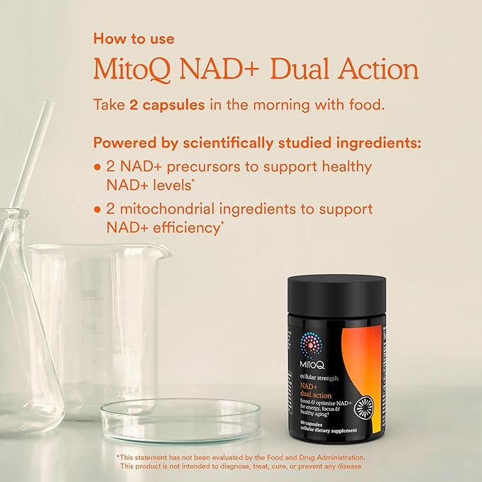MitoQ NAD+ Dual Action Supplement | Niacin (Niacinamide) Nicotinamide Riboside (NR) Resveratrol &amp PQQ | Support Energy Focus &amp Healthy Aging | 60 Capsules