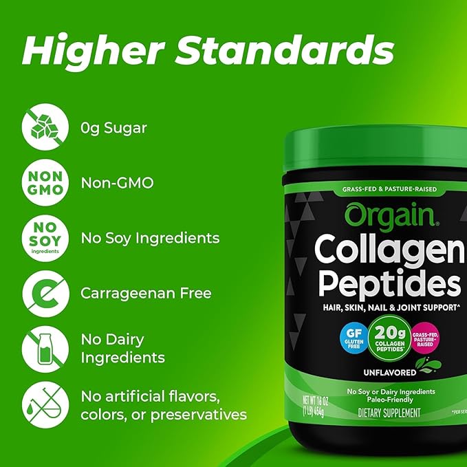 Orgain Creatine Monohydrate Powder 17.64 Oz (100 Servings) &amp Collagen Peptides Powder 1lb (20g Grass Fed) Bundle - Unflavored Non-GMO Supplements for Muscle Brain Skin &amp Joint Support