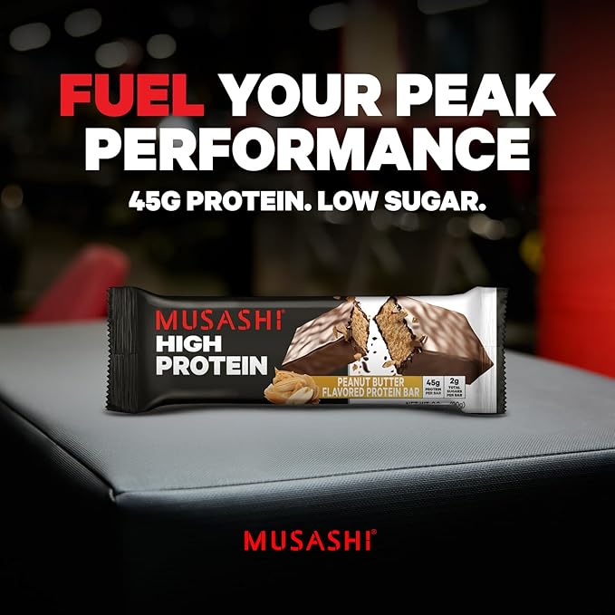 MUSASHI High Protein Bar 45g Protein 2g Total Sugars Peanut Butter &amp Milk Chocolate Coated Post Workout and Protein Snack On The Go 12 Pack of 3.2oz (90g) Bars
