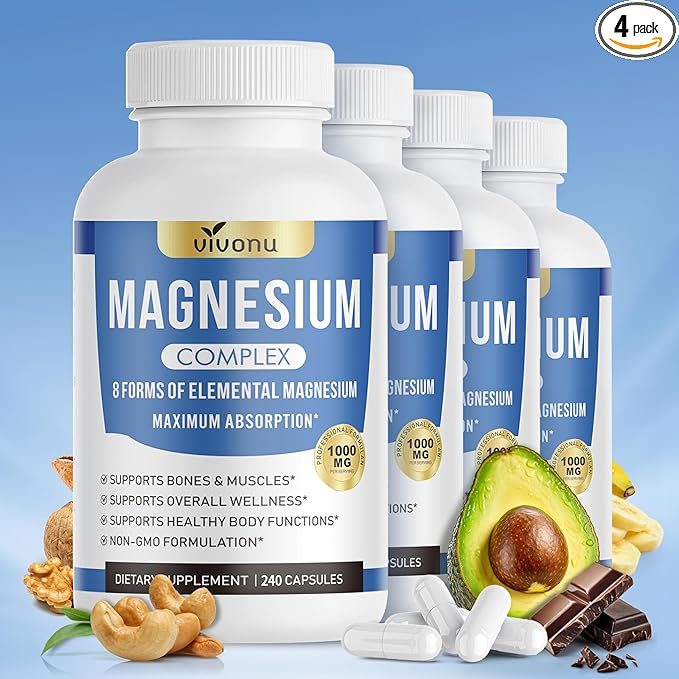 4 Pack 1000mg Magnesium Complex Capsules 8-in-1 Magnesium Glycinate Citrate Malate Taurate Oxide Carbonate Aspartate Orotate - 240 Capsules