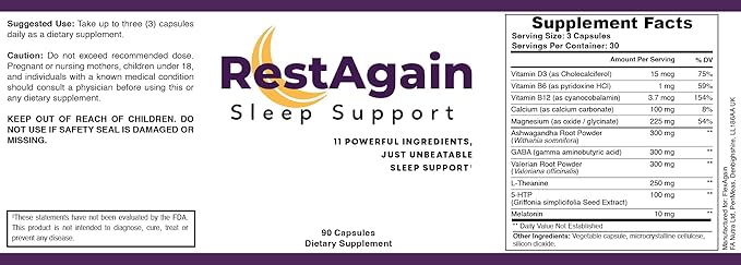 RestAgain Sleep Support - 90 Capsules Melatonin GABA Magnesium L Theanine Ashwagandha and More
