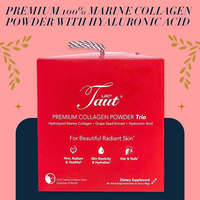 TAUT Collagen Powder for Women - Pure Marine Hydrolyzed Collagen Powder Sachet for Younger Looking Skin - 1500 Mg Hydrolyzed Collagen Peptides with Hyaluronic Acid &amp Grape Seed Extract - 60 Sachet
