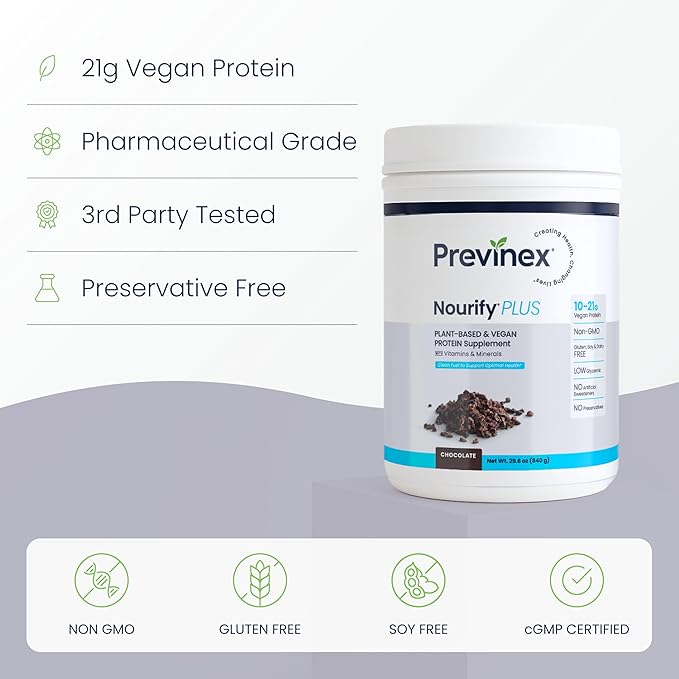 Nourify Plus Plant-Based Protein Shake - All Natural Vegan Protein Powder High Protein &amp Low Sugar Gluten Free Soy Free &amp Dairy Free Chocolate Protein Powder (29.3 oz)