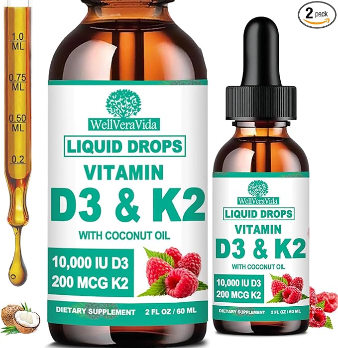 2 Pack D3 K2 Vitamin 10000iu Liquid Drop Vitamin D3 With K2 (MK-7)200mcg Coconut Oil 6X Stronger Than D3 K2 Sofegels Magnesium Zinc for Absorption -K2 D3 Supplement for Joint Teeth &amp Bone Healt