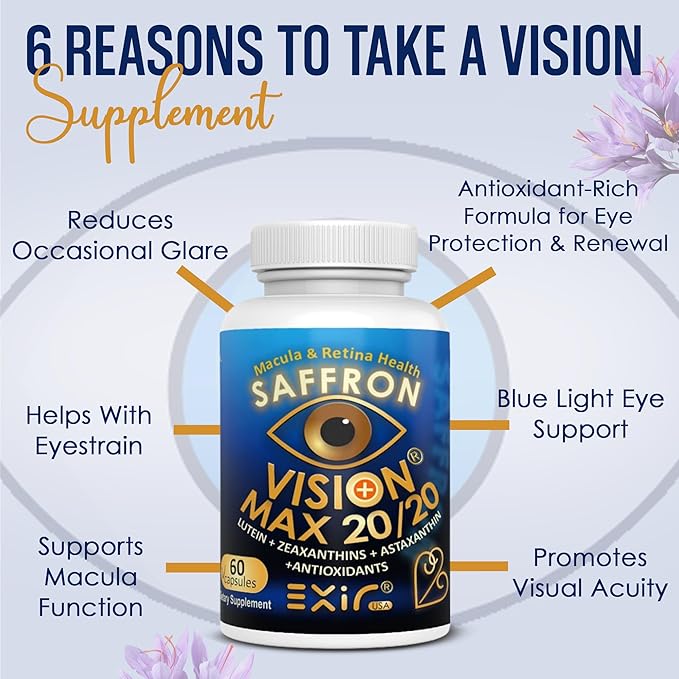 EXIR Eye Supplement | Lutein Saffron Astaxanthin| Supports Eye Health Visual Comfort &amp Focus | 60 Capsules