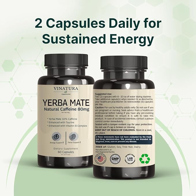 Yerba Mate 1400mg - Magic Natural Caffeine &amp Energy Supplements *USA Made &amp Tested* High Potency Enhanced with Taurine and Vitamin B Complex - 60 Capsules