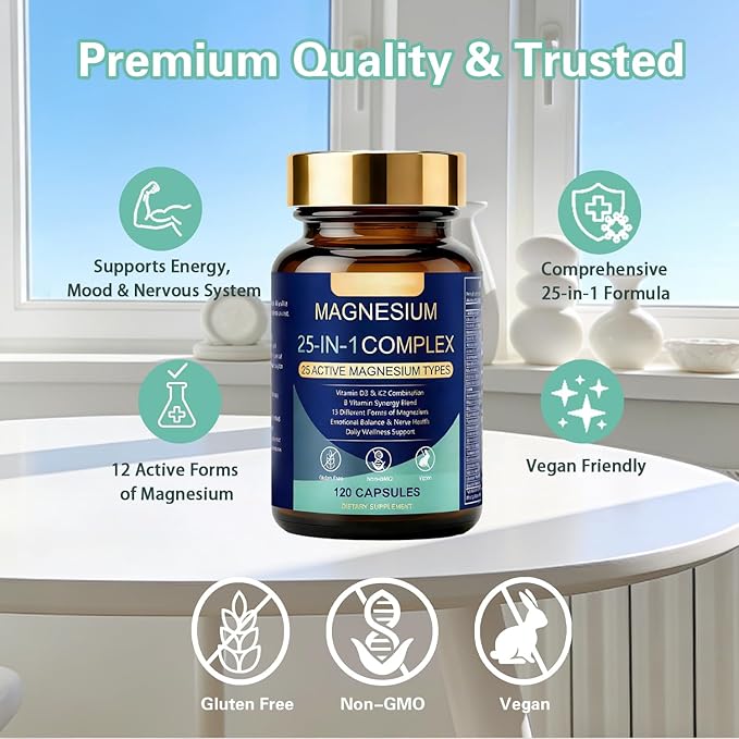 25-in-1 Magnesium Complex Supplement with Ashwagandga | High Absorption Magnesium Glycinate for Muscle Nerve &amp Sleep Support | Vegan Stress Relief &amp Energy Support Capsules for Women &amp Me