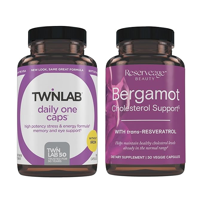 Reserveage Nutrition Bergamot Cholesterol Support with Resveratrol Vegan 30 Capsules &amp Twinlab Daily One Caps Without Iron - Nutritional Supplement with Zinc B Vitamins Magnesium - 180 Capsule