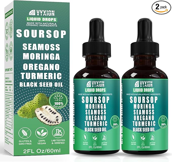 Soursop Pure Liquid Drops 10 in 1 with Sea Moss Moringa Turmeric Black Seed Oil Oregano Ashwagandha | Herbal extracts for Overall Health | Vegan Non-GMO | 4 Fl Oz