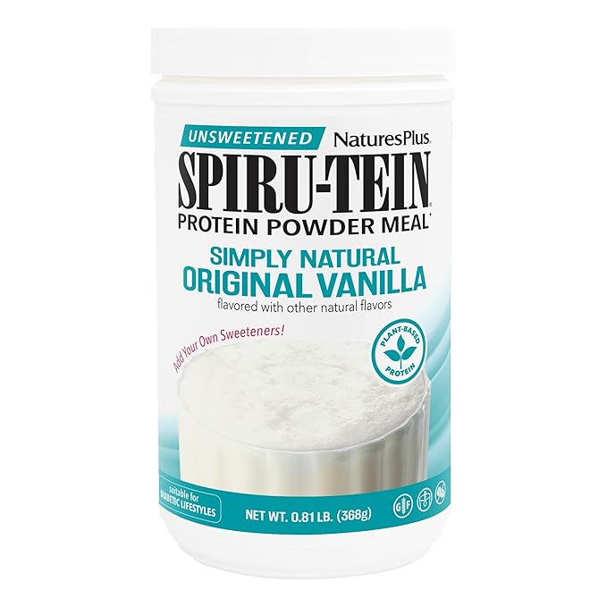 NaturesPlus SPIRU-TEIN Simply Natural Original Vanilla - 0.81 lb - Unsweetened Plant-Based Protein Shake - Non-GMO Vegetarian Gluten Free - 16 Total Servings