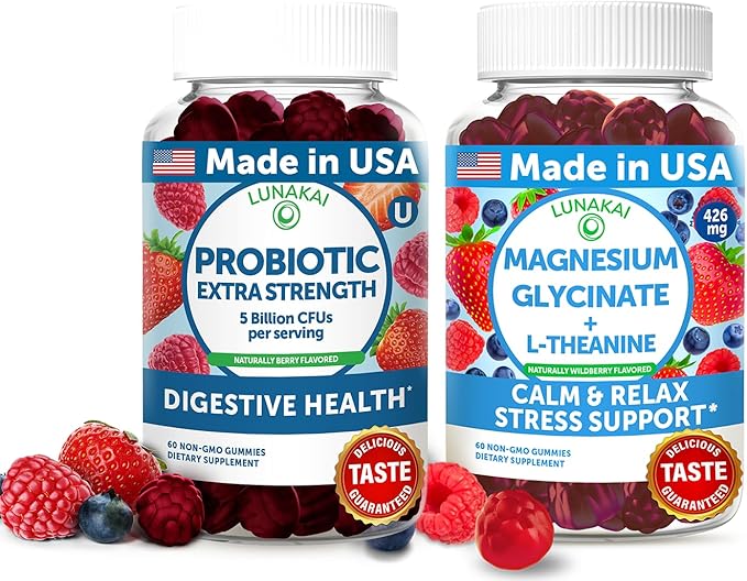 Lunakai USA Made Probiotic &amp Magnesium Glycinate Gummies Bundle – Digestive Stress &amp Relaxation Support – Naturally Flavored – 60 Non-GMO Gummies Each