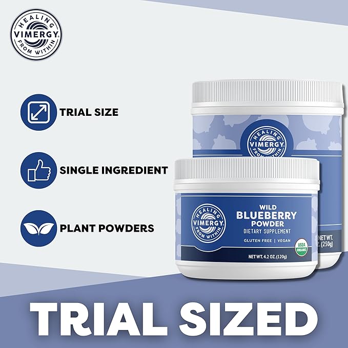 Vimergy Wild Blueberry Powder –Protects Brain Health* - Supports Cardiovascular Function* – Organic Vegan &amp Gluten-Free – 120g