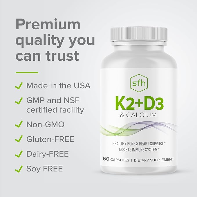 SFH K2+D3 &amp Calcium: The Ultimate 3-in-1 Formula for Bone Immune and Cardiovascular Health – 60 Capsules