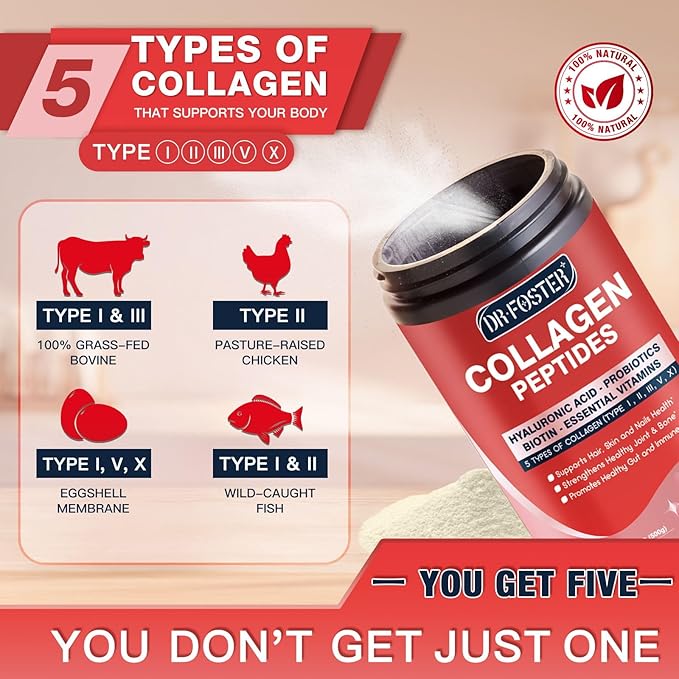DRFOSTER Multi-Collagen-Peptide-Powder with Probiotics 50 Servings of Hydrolyzed Collagen Peptides with Hyaluronic Acid Biotin &amp Multivitamins - Supports Skin Hair Nails Health