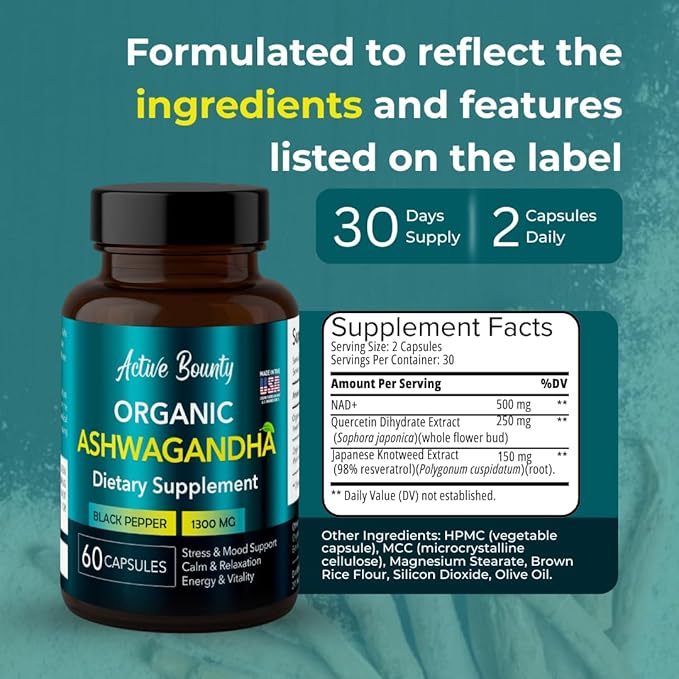 Organic Ashwagandha 1300mg with Black Pepper for Enhanced Absorption | Stress &amp Mood Support Calm &amp Relaxation Energy &amp Vitality | Vegan Non-GMO | 60 Capsules | Made in USA