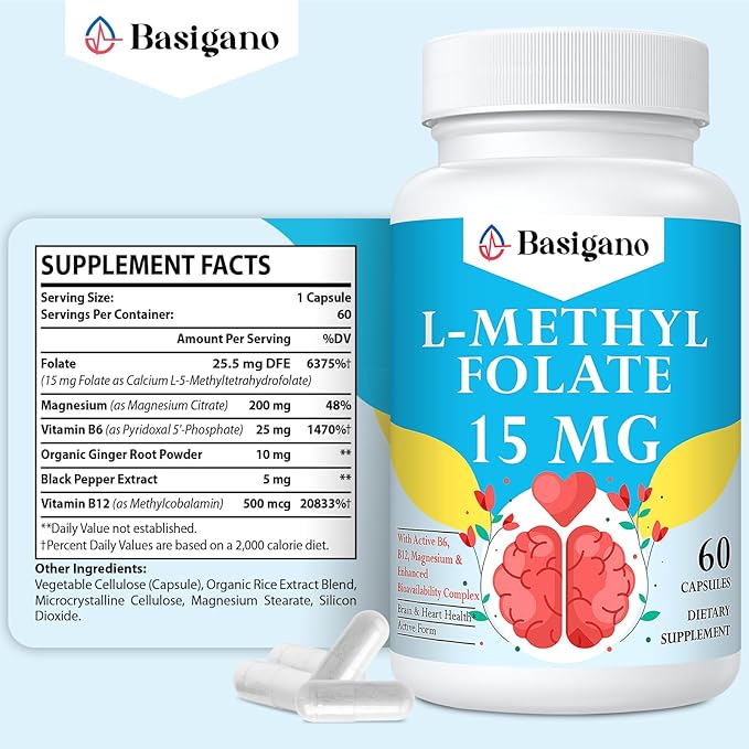 15mg L Methylfolate (5-MTHF)- Active Folic Acid-Enriched with Vitamins B6 and B12-60 Vegetarian Capsules - Non-GMO Gluten-Free