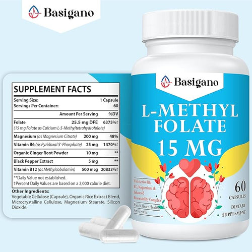 15mg L Methylfolate (5-MTHF)- Active Folic Acid-Enriched with Vitamins B6 and B12-60 Vegetarian Capsules - Non-GMO Gluten-Free