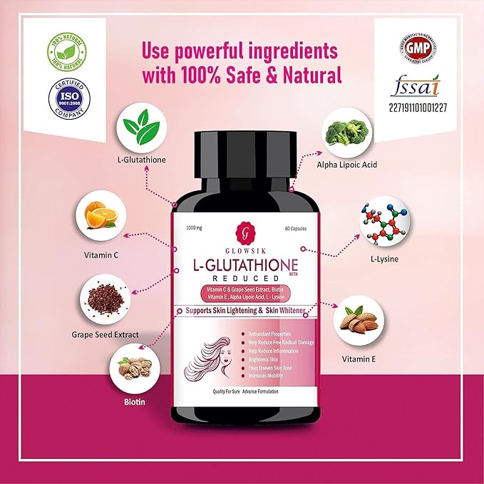 Organic Touch Boitec Natural &amp Pure L Glutathione Capsules with Alpha Lipoic Acid Grape Seeds Vitamin C and E with Power of Biotin-1000mg- 60 Capsules (60)