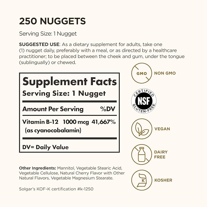 Solgar Vitamin B12 1000 mcg250 Nuggets-Supports Production of EnergyRed Blood Cells-Healthy Nervous System-Promotes Cardiovascular Health-Vitamin B-Non-GMOGluten Free-250 Servings(Pack of 2)