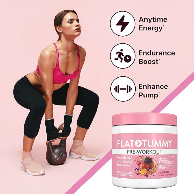 Flat Tummy Pre Workout Powder for Women – Energy Endurance and Muscle Support with 3g Creatine 1.6g Beta-Alanine Electrolytes – Fruit Punch Flavor – 30 Servings