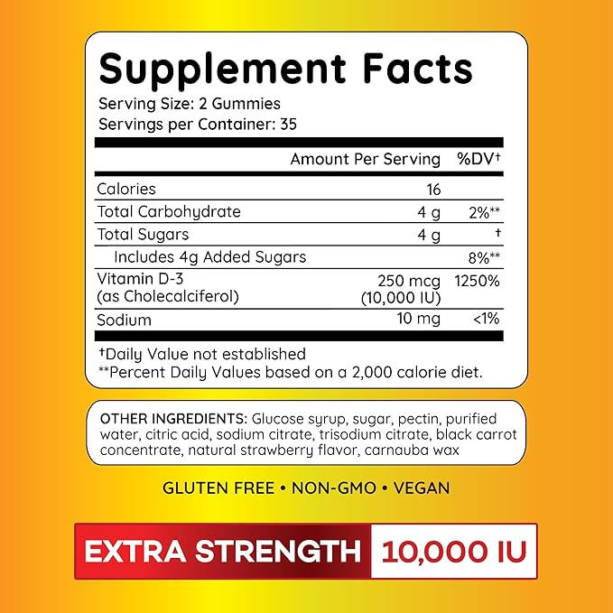 PAYÉ Vitamin D Gummies D3 10000 IU (250 mcg) per Serving Dietary Supplement for Bone Teeth Muscle and Immune Health Support Kids and Adults* - 210 Count