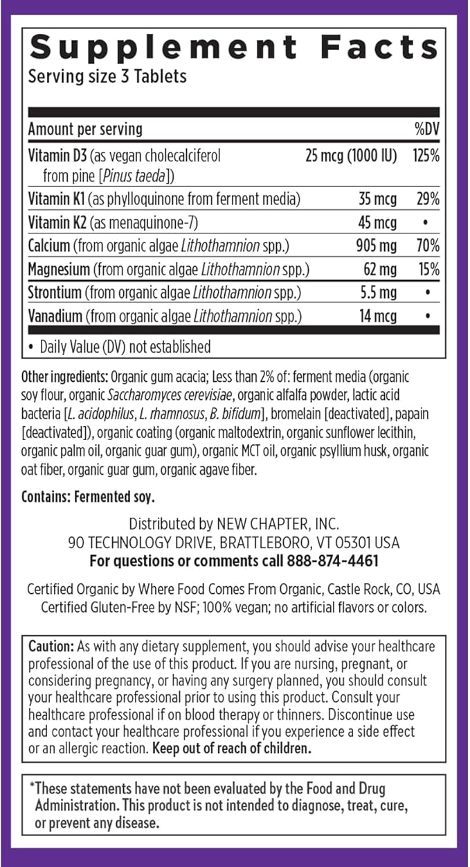 New Chapter Calcium Supplement - Bone Strength Plant-Based USDA Organic Calcium with Magnesium Vitamin D3+K2 for Bone Health &amp Joint Mobility Heart Support 905 mg dose - 180 Slim Tablets